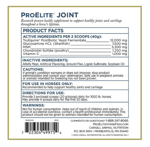 Label for ProElite Joint supplement for horses